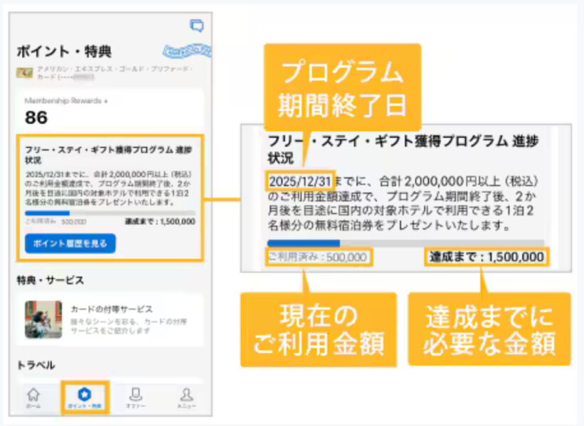 アメックス フリーステイギフト獲得プログラム進捗確認方法